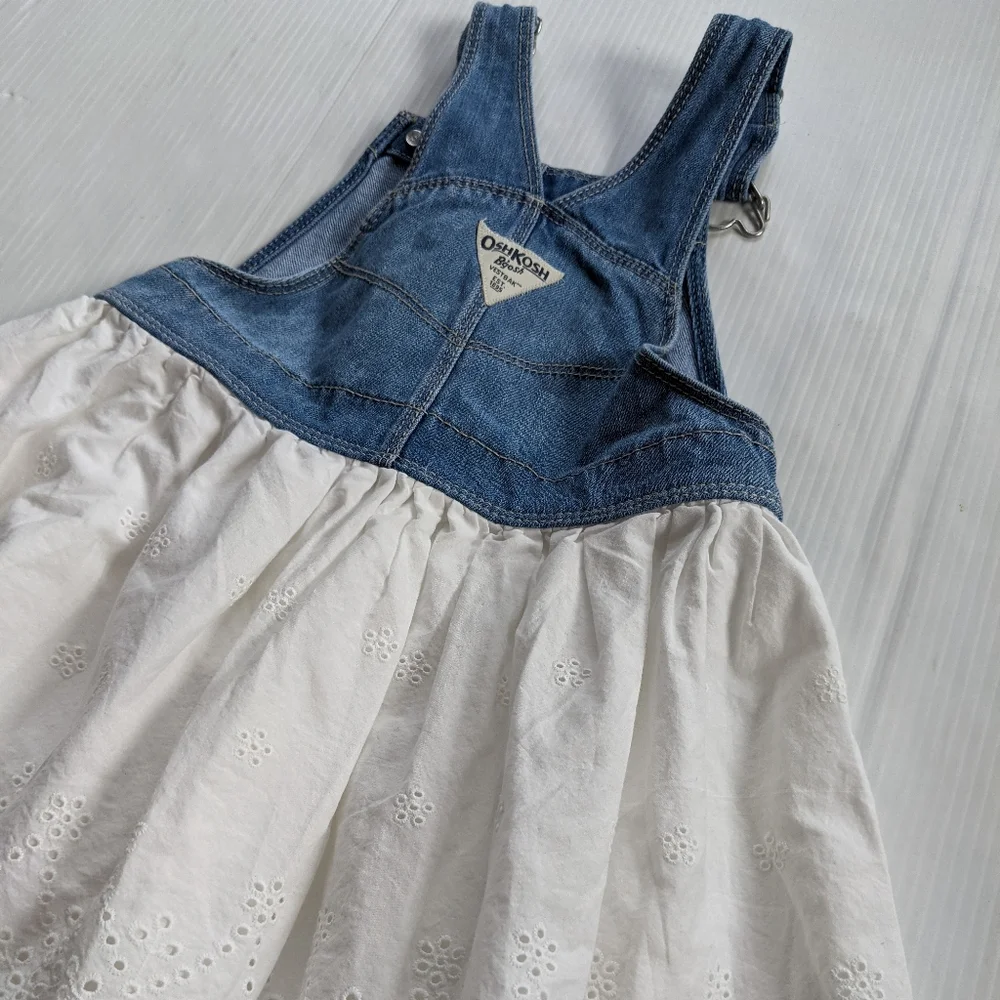 OSH-KOSH B'GOSH girls white eyelet blue denim bib overall skirtall jumper 4t